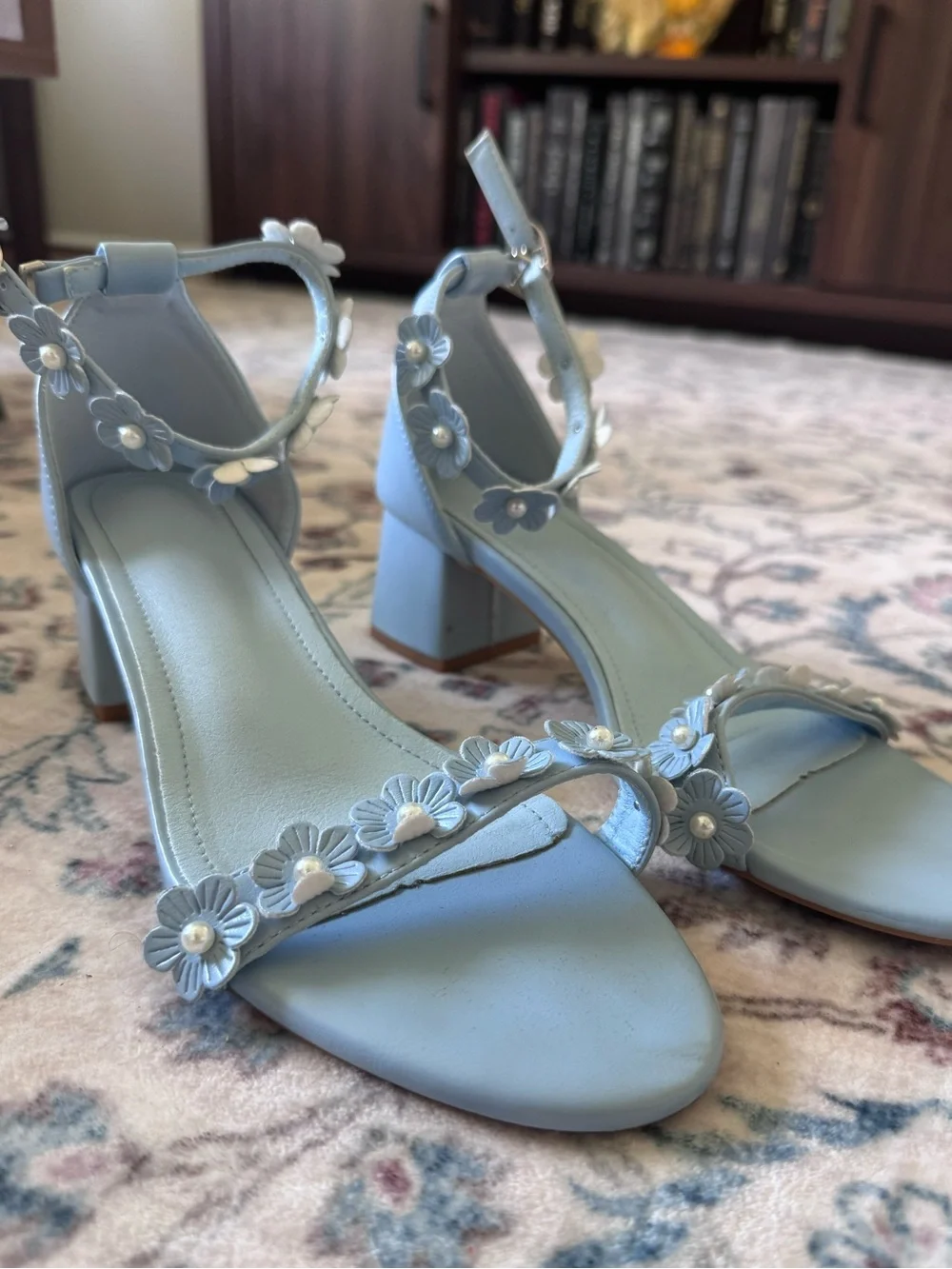 Light Blue Floral Pearl Ankle-Strap Block Heels